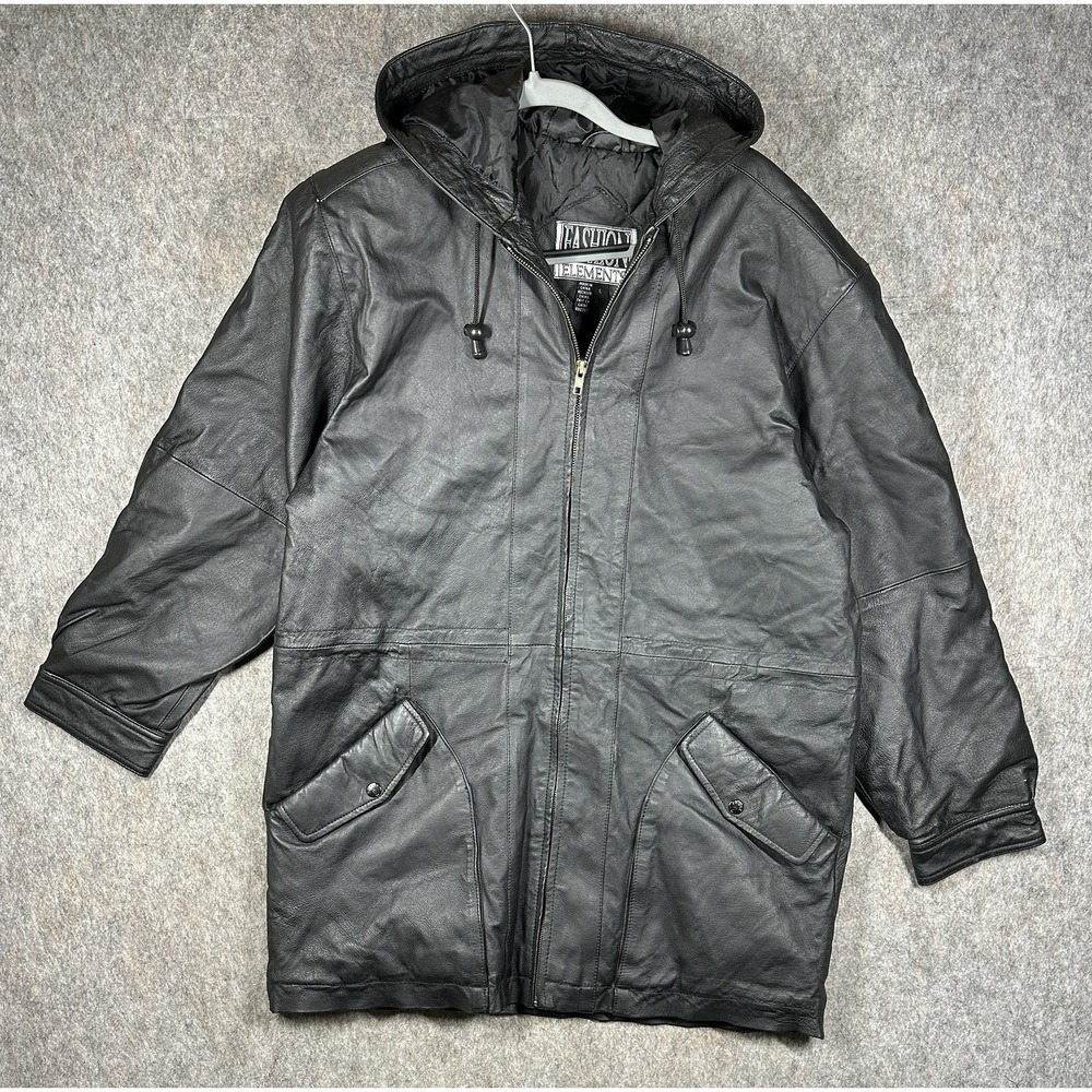 VTG Fashion Elements Mens Large Black Genuine Leather Hooded Coat Quilted Lined